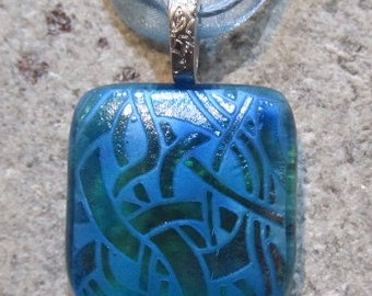 Fused Glass Pendant with Ribbon necklace: Shiny Blue Weave