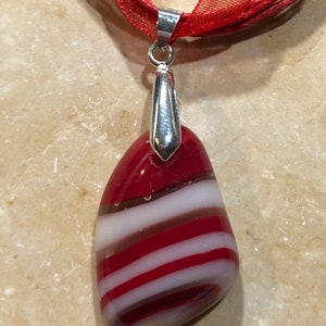 Fused Glass Pendant with ribbon necklace: Red and White Tumble image 4