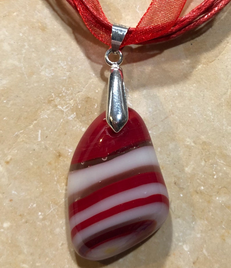 Fused Glass Pendant with ribbon necklace: Red and White Tumble image 4