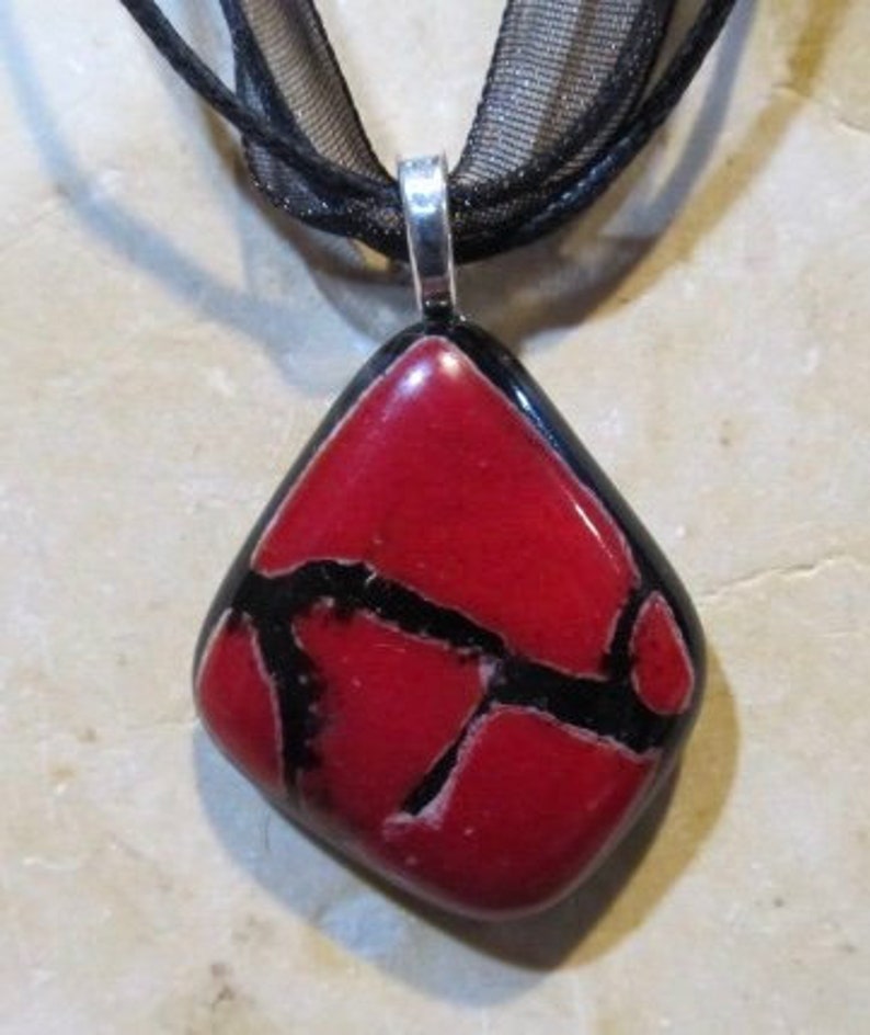 Fused Glass Pendant with ribbon necklace: Red Crackle image 1
