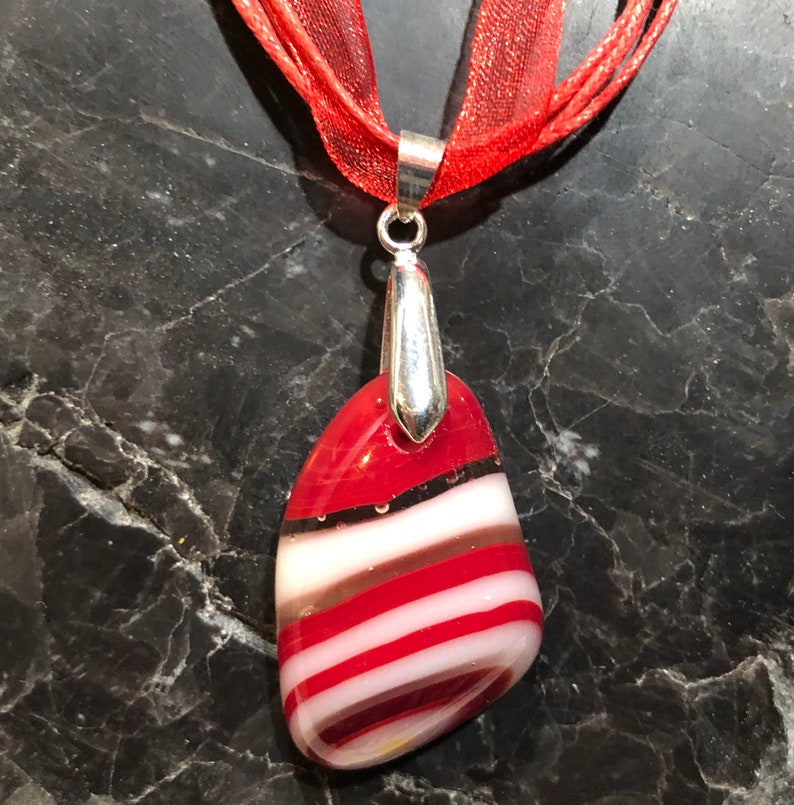 Fused Glass Pendant with ribbon necklace: Red and White Tumble image 1