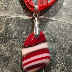 Fused Glass Pendant with ribbon necklace: Red and White Tumble image 2