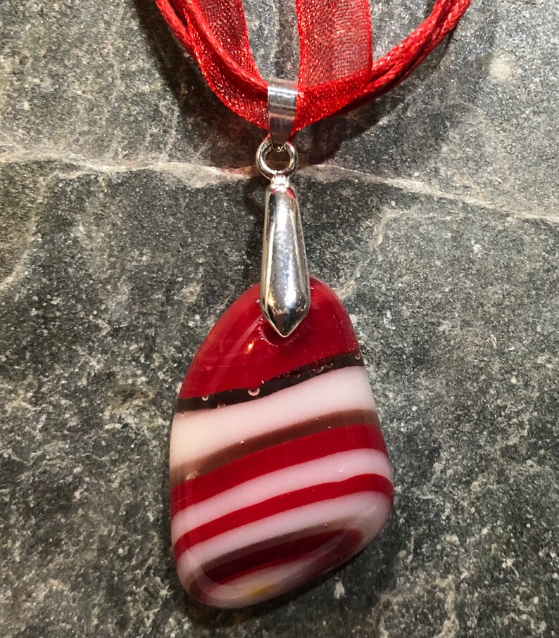 Fused Glass Pendant with ribbon necklace: Red and White Tumble image 2