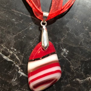 Fused Glass Pendant with ribbon necklace: Red and White Tumble image 5