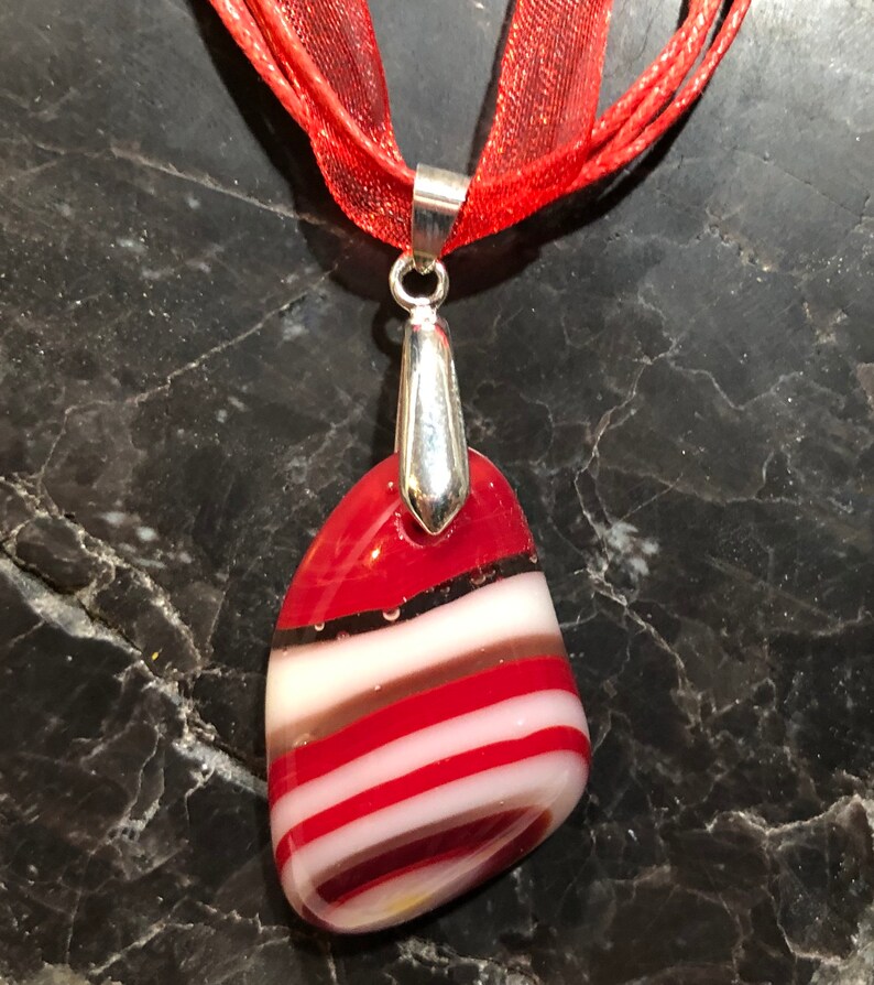 Fused Glass Pendant with ribbon necklace: Red and White Tumble image 5