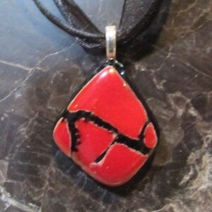 Fused Glass Pendant with ribbon necklace: Red Crackle image 2