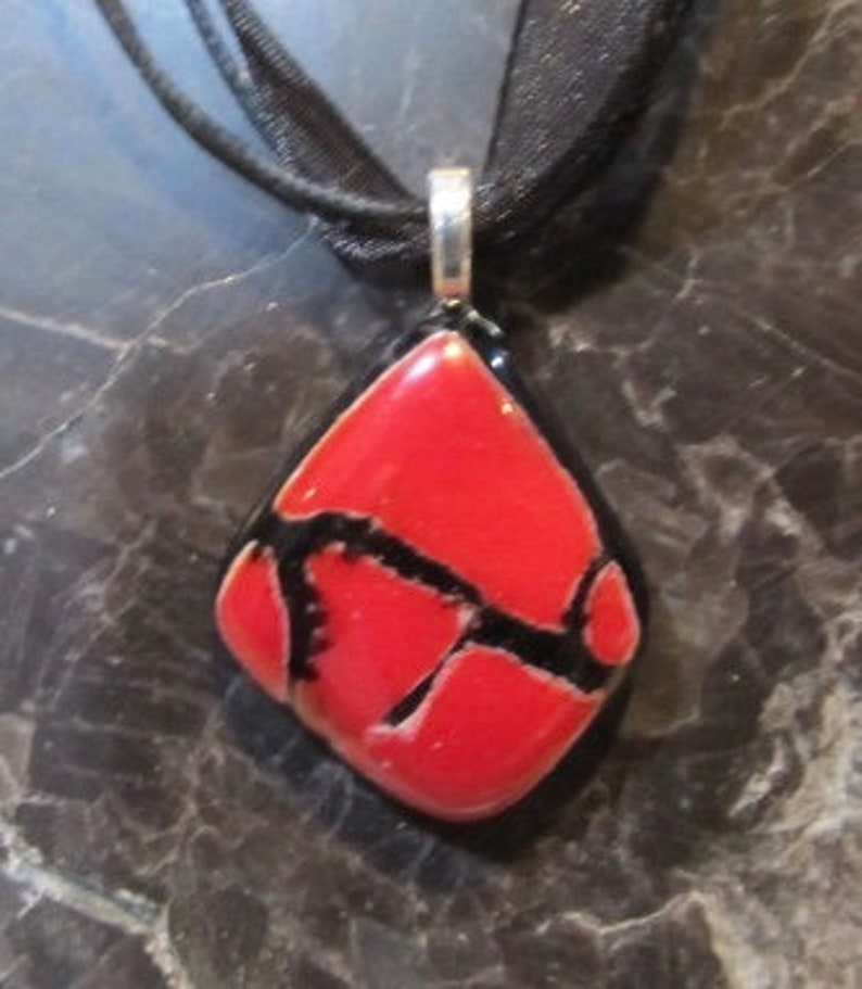 Fused Glass Pendant with ribbon necklace: Red Crackle image 2