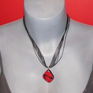 Fused Glass Pendant with ribbon necklace: Red Crackle image 3