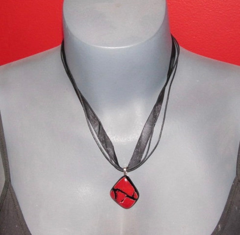 Fused Glass Pendant with ribbon necklace: Red Crackle image 3