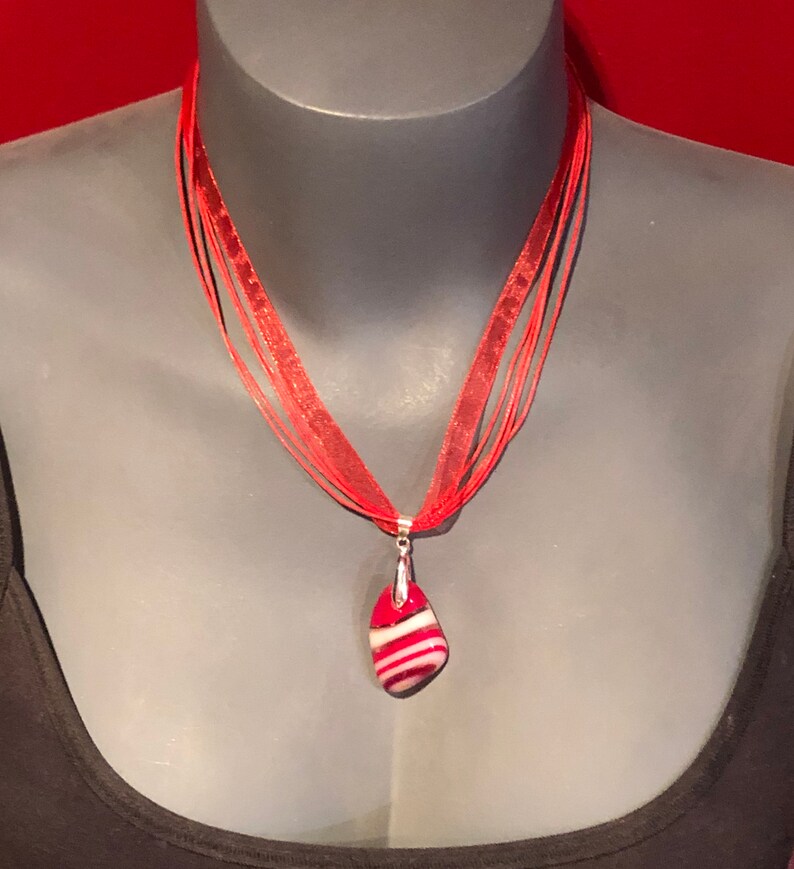 Fused Glass Pendant with ribbon necklace: Red and White Tumble image 3