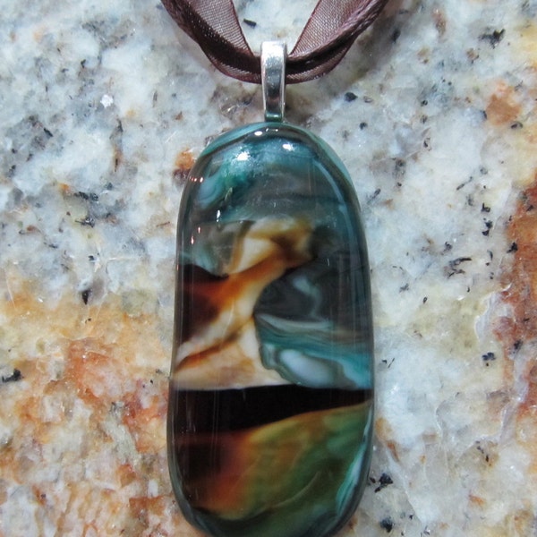 Fused Glass Pendant with ribbon necklace: Earthy