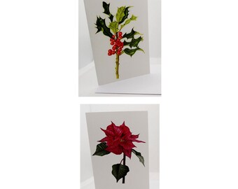 Poinsettia and Holly Christmas Card Pack.  Christmas Cards. Watercolour Painting. Original Art. 4 Card Pack