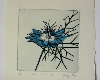 Love-in-a-Mist Original Etching and Screen Print. Original Art. Mini Print