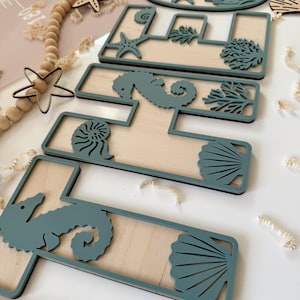 Decoración de habitación infantil, Arte de pared, Letras de madera bajo el mar, Alfabeto, Decoración de guardería, Bohemio, Escandinavo, Accesorios para sala de juegos, Madera