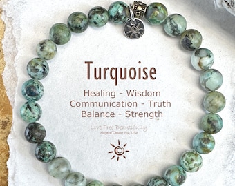 Turquoise Bead Stretch Bracelet | Spirituality Gemstone | 6mm Blue Green Bead Bracelet | African Turquoise | Bohemian Beach Bracelet | USA