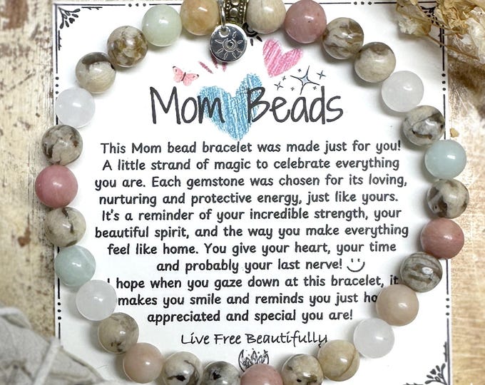 Mom Bead Stretch Bracelet | Mothers Day Gift | 6mm Neutral Gemstone ...