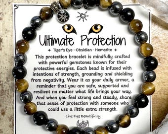 Ultimate Protection Bracelet | Stretch Bracelet | 6mm Gemstone Bracelet | Obsidian, Tiger&#39;s Eye, Hematite | Great Gift Ideas | Handmade USA