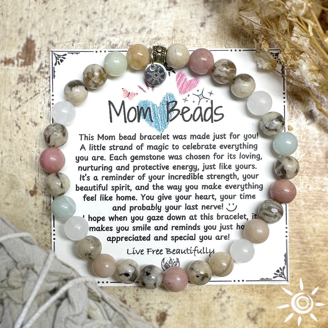 Mom Bead Stretch Bracelet | Mothers Day Gift | 6mm Neutral Gemstone ...