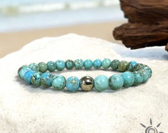 Turquoise Bead Stretch Bracelet & Hematite Good Fortune 6mm Luck Jewelry Choose Your Accent Bead Color December Birthstone Handmade In USA