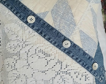 Upcycled Blue and white quilted pillow reverse soft yellow back