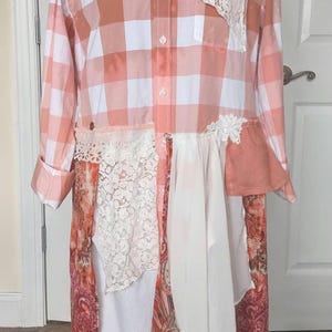 Upcycled Denim Tunic: Shabby Chic Boho Paisley Lace, Size M