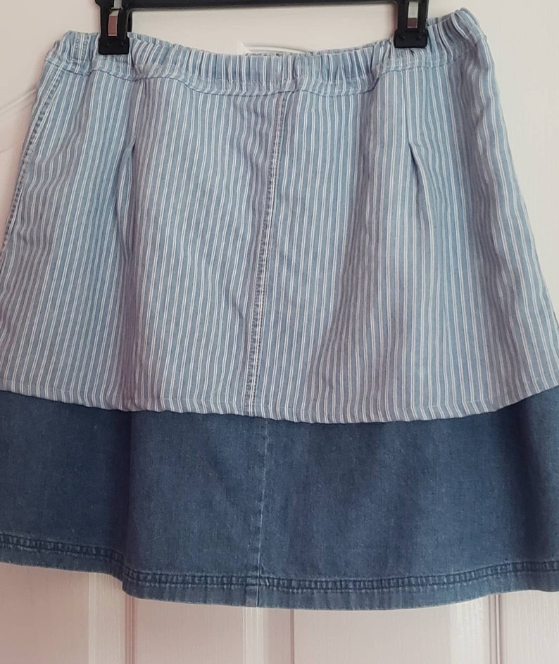Refashioned Ecofriendly Denim Skirt Blue White Stripe Etsy