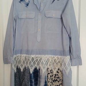 Upcycled refashioned blue tunic applique lace patchwork shabby chic boho