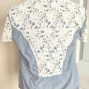 Upcycled refashioned embroidered lightweight blue short sleeve lace jacketjacket shabby chic