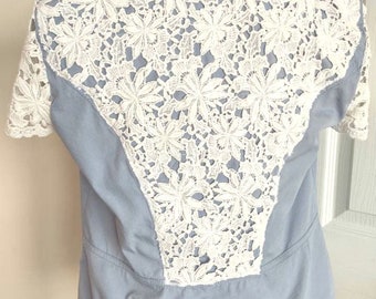 Upcycled refashioned embroidered lightweight blue short sleeve lace jacketjacket shabby chic