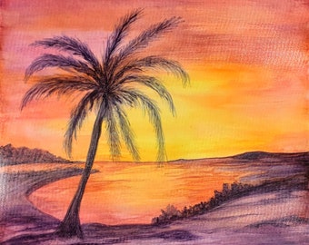 Palm tree silhouette yellow orange red sunset 12 x 12 original unframed