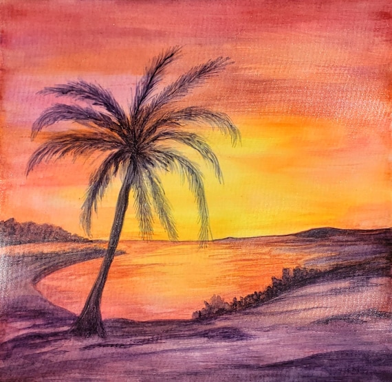 Palm Tree Silhouette Yellow Orange Red Sunset 12 X 12 Original - Etsy