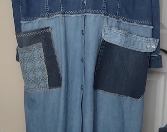 Refashioned denim jacket long coat patchwork pockets size 4x