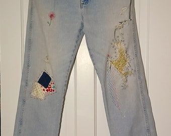 Distressed Patchwork Embroidered Jeans – Men's Size 34 Waist