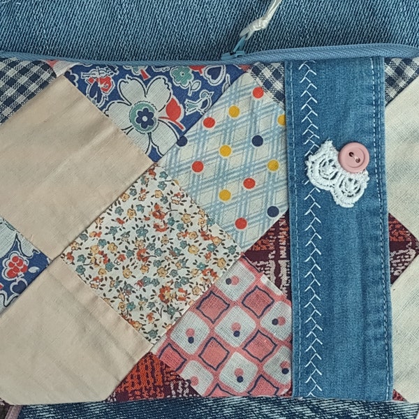Handmade patchwork pouch upcycled repurposed quilt top zipper bag phone pocket glasses case