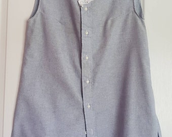 Refashioned men's shirt sleeveless women's blue white trim v-neck tunic On Sale