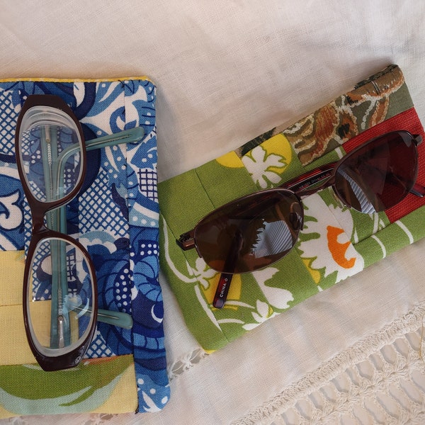 Eyeglass Case padded upcycled quilt blocks green blue