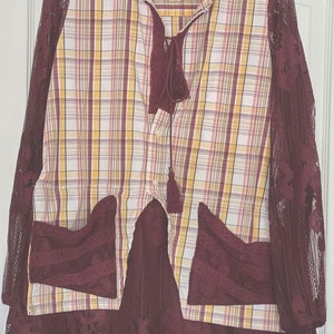 Upcycled refashioned mens plaid shirt burgundy lace tunic