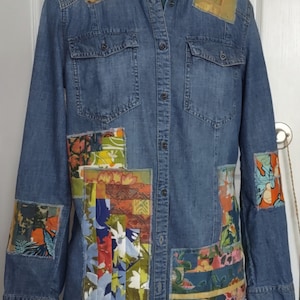 Upcycled refashioned denim shirt patchwork boho size M slim shabby chic