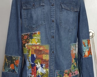 Patchwork denim shirt upcycled  boho size M slim shabby chic
