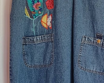 Upcycled appliqued denim dress shabby chic boho size XL