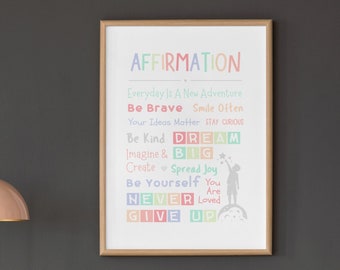 Mots avec affirmation, Matériaux de décoration Montessori, Gravures pour enfants, Impressions éducatives, Poster d'apprentissage, École à domicile, Imprimables, Décoration de salle de jeux