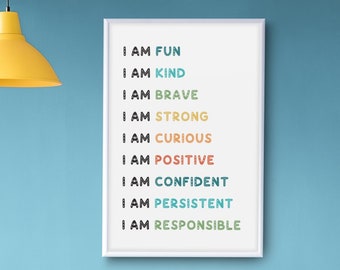 Soy - Afirmación, Materiales de decoración Montessori, Impresiones para niños, Impresiones educativas, Póster de aprendizaje, Escuela en casa, Imprimibles, Decoración de sala de juegos