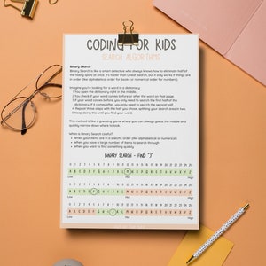 以下が含まれることがあります： 2進探索アルゴリズムを説明する子供向けのワークシート。ワークシートには、文字と数字を使ったアルゴリズムの視覚的な表現が含まれています。ワークシートのテキストには、「Coding for Kids: Search Algorithms: Binary Search - Find 'J'」と記載されています。