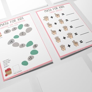 Op de afbeelding: Twee printbare werkbladen voor kinderen om wiskundige vaardigheden te oefenen. Het eerste werkblad bevat een telspel met appels en het tweede werkblad toont vingeroptelsommen.