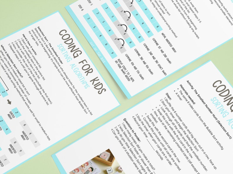 Puede incluir: Hoja de trabajo de Coding for Kids: Algoritmos de ordenaci&oacute;n con instrucciones y ejemplos de ordenaci&oacute;n por selecci&oacute;n, un m&eacute;todo de ordenaci&oacute;n simple. La hoja de trabajo incluye una representaci&oacute;n visual de los pasos involucrados en la ordenaci&oacute;n de una lista de n&uacute;meros.