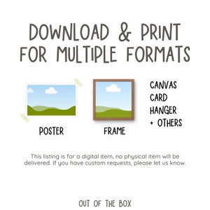 Puede incluir: Ilustraci&oacute;n de una descarga digital para una impresi&oacute;n de paisaje. La imagen muestra dos versiones de la impresi&oacute;n: un p&oacute;ster y una impresi&oacute;n enmarcada. El texto dice "Descargar e imprimir para m&uacute;ltiples formatos" y enumera los formatos disponibles: Lienzo, tarjeta, colgador y otros.