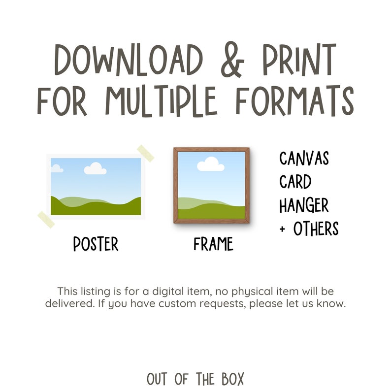 Puede incluir: Ilustraci&oacute;n de una descarga digital para una impresi&oacute;n de paisaje. La imagen muestra dos versiones de la impresi&oacute;n: un p&oacute;ster y una impresi&oacute;n enmarcada. El texto dice "Descargar e imprimir para m&uacute;ltiples formatos" y enumera los formatos disponibles: Lienzo, tarjeta, colgador y otros.