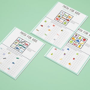 以下が含まれることがあります： 子供たちが数学のスキルを練習するための、印刷可能なワークシートが3枚あります。各ワークシートには、さまざまな画像が描かれた3x3のグリッドがあり、子供は各画像の数を数えるように求められます。ワークシートのタイトルは「Math for Kids: Train Your Memory!」で、1、2、3と番号が付けられています。