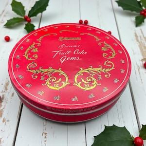 Vintage vacances Noël gâteau aux fruits gemmes / décoration d&#39;hiver / SCHRAFFS boîte à bonbons / boîtes de conserve / décoration de cuisine de Noël / boîtes de conserve rouges