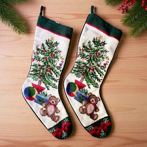 Vintage Crewel Needlepoint Christmas Stockings/Childrens Needlepoint Stocking/Velvet Christmas Stocking/Babys First Christmas